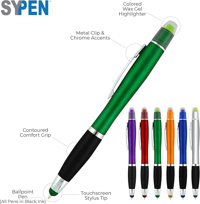 SyPen Personalized Pens with Gel Highlighter and Stylus -200 Pack Bulk-Free Imprint - 3 In Bible Highlighter No Bleed, Ballpoint Pen, and Stylus Combo- add Custom Name, Logo or Gift Message- Silver