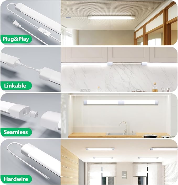 Modlicht Plug in Light Fixtures 2FT 2PCS Linkable 5000K LED Shop Light, Lightweight Under Cabinet Lighting for Kitchen, Bright Overhead Light for Garage Workbench Bedroom Bathroom, Triproof, 18W