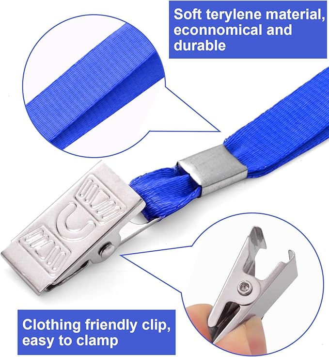 100 Pcs Lanyards for ID Badges and 100 Pcs Clear Name Tag Holders Reusable Lanyard with Clip Plastic ID Card Badge Holder Name Badges for Adults Kids Business School Office Supplies (Blue)