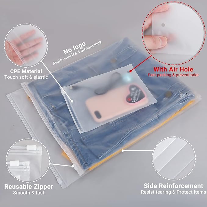 Svaldo Clothes Packaging Bags for Shipping 25 Count 10x13" Frosted Zipper Plastic Bags for Clothing Thick Plastic Apparel Bag for Packaging T-Shirt, Shirt, Document, 3 Mil, with Vent Holes Storage Bag