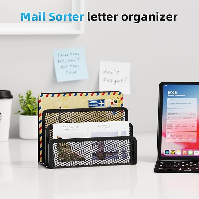 Marbrasse Mail Organizer for Desk, 3-Slot Mesh Metal Mail Holder countertop, Letter Holder, Office Desktop Envelope and Document Storage Rack (2P)