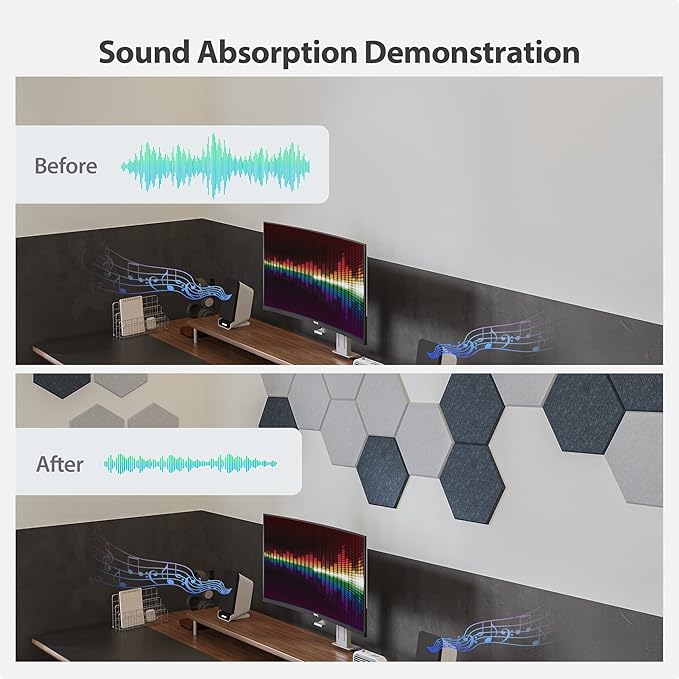 Amantech 12 Pack Acoustic Panels Self Adhesive Sound Proof Foam,High Density Sound Acoustic Foam Panel,12X10.23X0.4 Inch Hexagon Wall Panels in Home,Office,Reccording Room,Studio(Silver Gray)