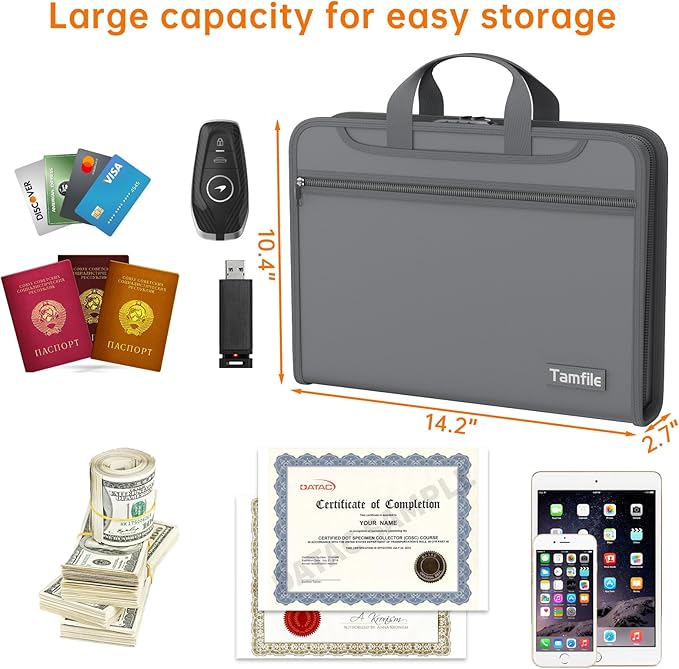 5200℉ Fireproof Accordion File Organizer with Lock, Thickened Document Organizer 13 Pocket with Zipper & Labels, Important Document Organizer, Expanding File Folder with Handle for Letter A4 (Grey)