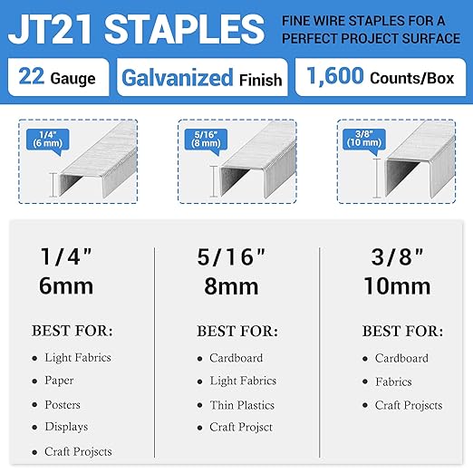 meite JT21 Staples, 5/16 Inch Galvanized Fine Wire Staples for Staple Gun - 7/16" Crown JT21 Staple Refill, Ideal for Upholstery, Crafts, Furniture (5 Packs)
