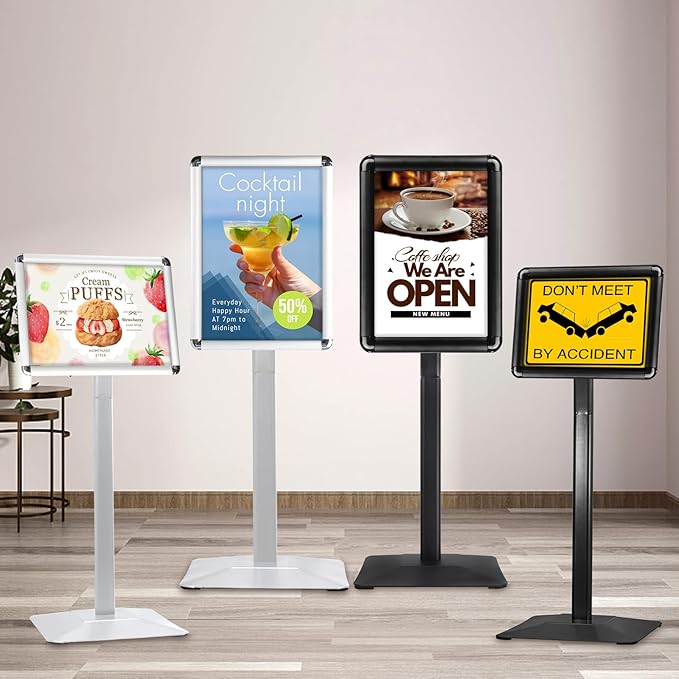 STANDNEE Poster Stand Holder Pedestal Floor Standing Sign Holder 11"x 17" Vertical and Horizontal View Sign Display, Aluminum Snap Open Frame with Safety Corner (Black, 3Packs)