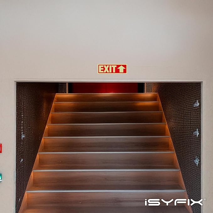 iSYFIX Exit Stickers Signs with Directional Up Arrow 6 Pack 12x4 Inch - Glow in the Dark Photoluminescent Vinyl for Office, School, Business, Warehouse - UV & Weather Resistant for Indoor/Outdoor Use