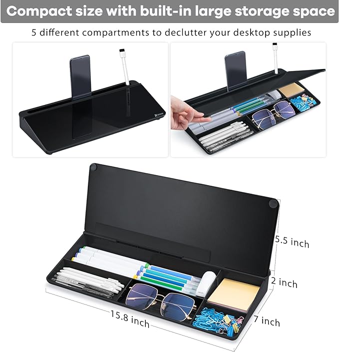 Varhomax Desktop Whiteboard with Storage, Desk Organizer Dry Erase Glass White Board to-do List Memo Notepad for Home Office and School Supplies (Black)