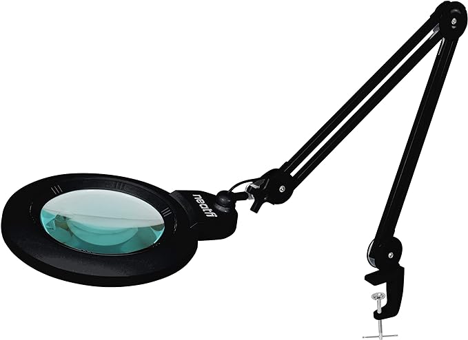 Neatfi XL Bifocal LED Magnifying Lamp, 7-Inch Acrylic Lens, 5D/20D Magnification, Hands-Free, Dimmable, 84 SMD LED, Adjustable Arm for Crafts, Reading, Close Work (Black, with Clamp)