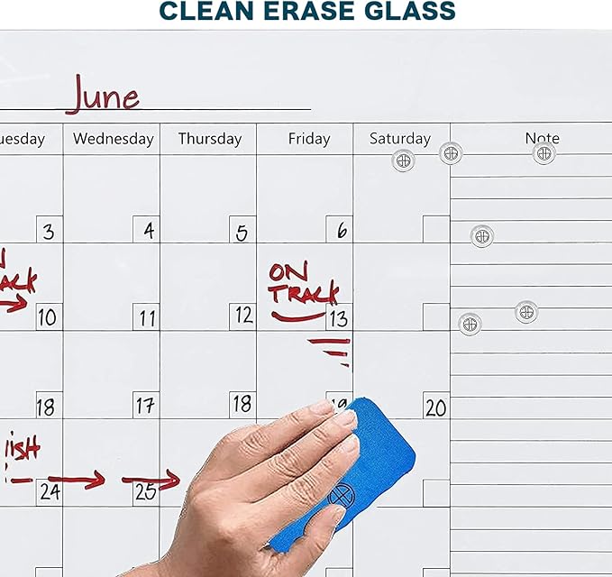 J&J worldwide Magnetic Whiteboard Calendar, 3' x 2' Glass Wall Calendar Dry Erase Board Monthly Planner for Home, School, Office, Frameless, with Markers, Marker Tray, Eraser, Magnets, 35 x 23 Inches