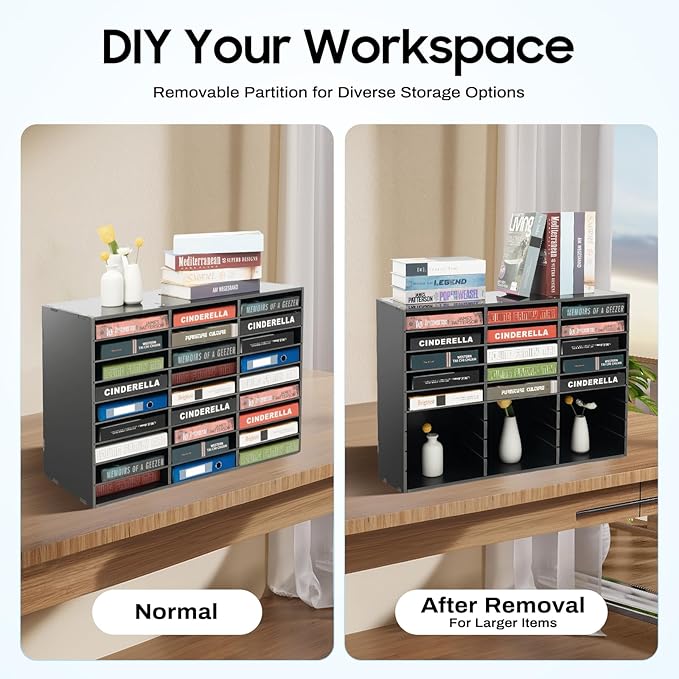 Fifizoo Literature Organizer with 27 Compartments | Adjustable Desktop File Sorter Mail Center for Home, Office & Classroom | PVC Paper Storage Cabinet with Shelves, Black
