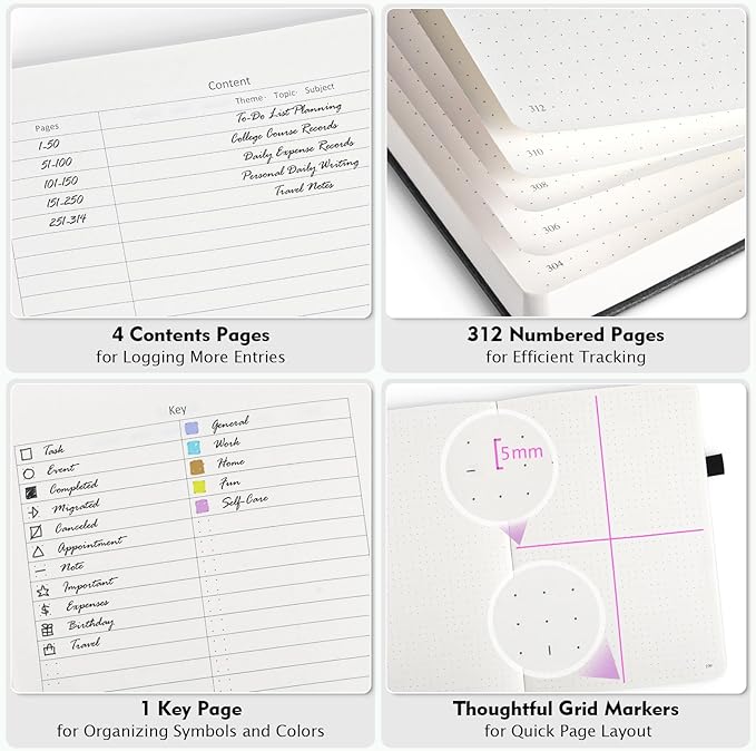 OFFIGIFT Bullet Dotted Journal Notebook, 312 Numbered Pages A5 Hardcover Leather Journal, 100gsm No Bleed Paper Dot Grid Notebook with Index Pages, Dot Journal for Women Men, 5.75" x 8.38", Grey Blue