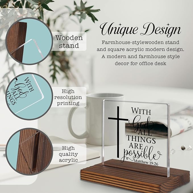 Matthew 19:26 Desk Sign, Christian Bible Verse Decor With God All Things Are Possible Gift for Women Men, Inspirational Faith Plaque for Office, Birthday, Baptism, Retirement, Christmas PA131