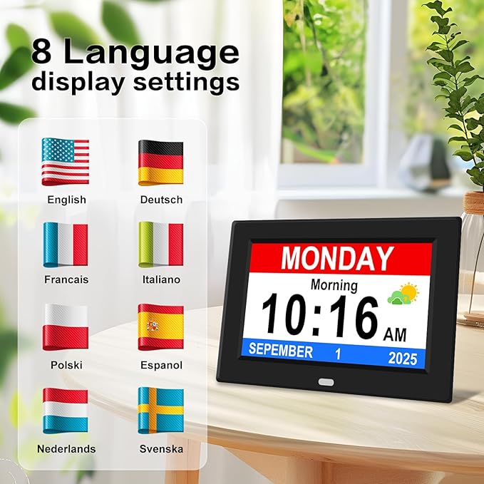 7‘’ Digital Alarm Clock for Elderly Large Display for Seniors Electric Clocks with Date Day of Week 12 Alarms 4 Colors Desk Wall Calendar Clocks for Memory Loss Alzheimers Dementia Auto DST/Dimmer