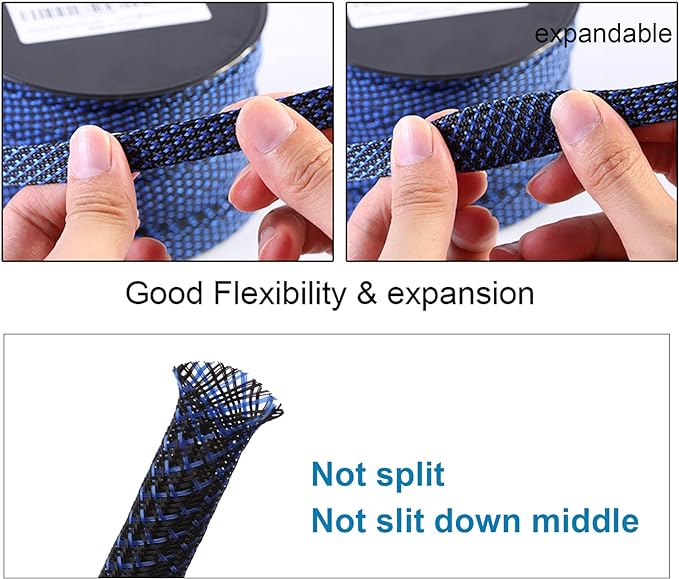 25ft - 3/4 inch PET Expandable Braided Sleeving – BlackBlue – Alex Tech Braided Cable Sleeve