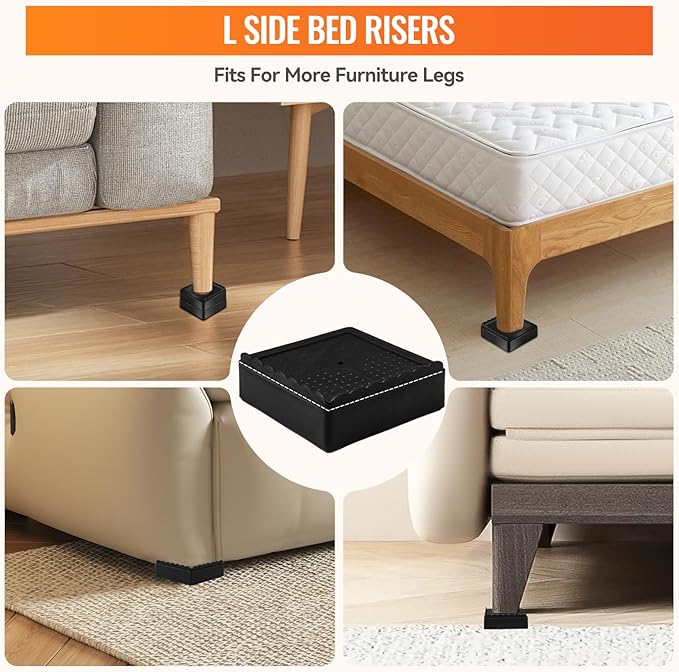 Furniture Risers, 6 Pack Bed Risers with Non-Slip Grip and Heavy Duty Support, 1 Inch 2 Inch 3 Inch 4 Inch Height Lift for Couch, Sofa, Table, Desk, Chair, Refrigerator - Black, 1+1 Inch
