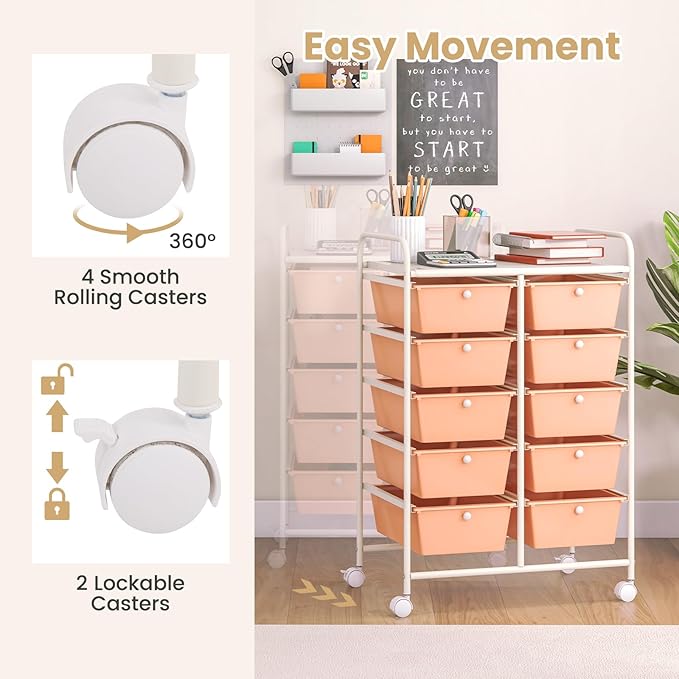 GOFLAME 10-Drawer Rolling Storage Cart, Art Craft Storage Organizer on Wheels, Multipurpose Movable Utility Cart for School, Office and Home, Peach Fuzz