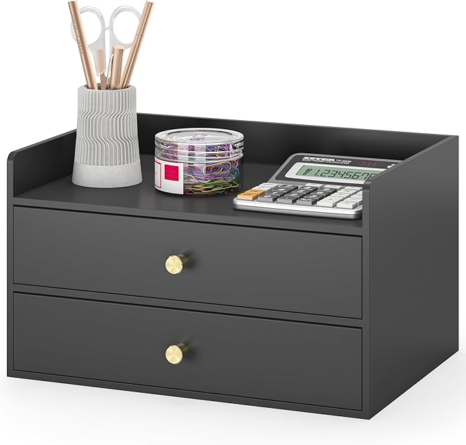 Bamboo Desk Organizer with Drawers Wooden Desktop Storage Drawers for Bills Office Supplies Kitchen Utensils Organizing Tool for Home Classroom Organization No Assembly (2 Drawers, Black)
