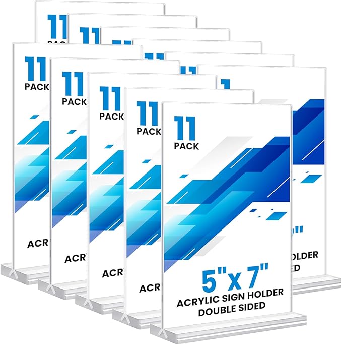 Acrylic Sign Holder 5x7, 11 Pack Clear TableTop Sign Holder-Sided, Plastic Flyer Display Holder with Vertical Base, Clear Flyer Stand Menu Table Display Holders for Restaurants Office Store Show Fair