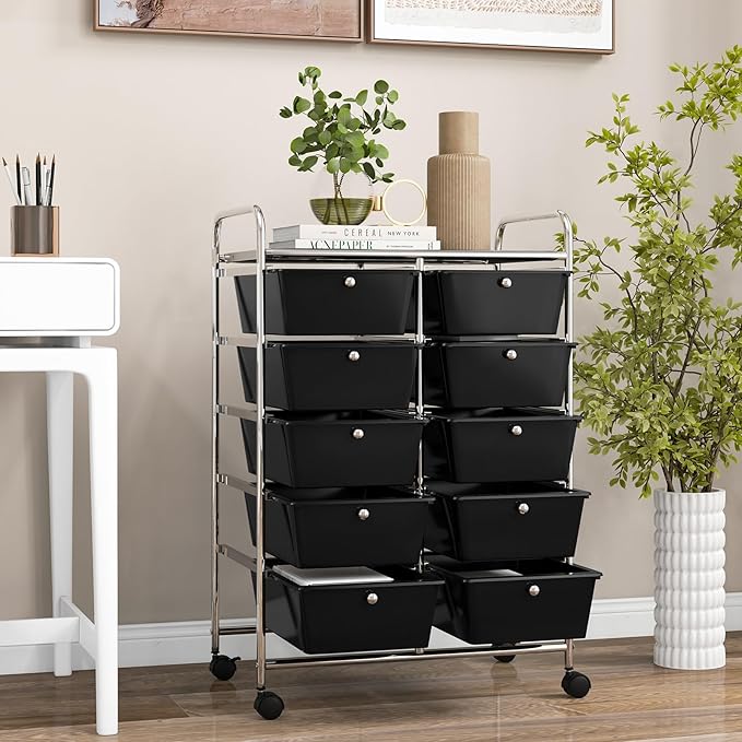 GOFLAME 10-Drawer Rolling Storage Cart, Art Craft Storage Organizer on Wheels, Multipurpose Movable Utility Cart for School, Office and Home, Black