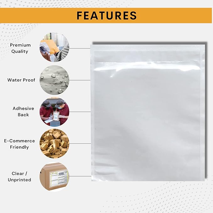 10,000 Pack 7"x10" Shipping Label Sleeves – Clear Self-Adhesive Packing Slip Pouches, Waterproof Packing List Envelopes – Ideal for Shipping Documents, Mailing Labels, Invoices & Packing Slips