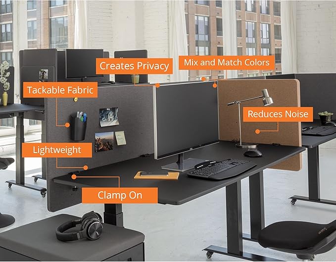 Stand Up Desk Store ReFocus Clamp-on Acoustic Desk Divider Privacy Panel That Reduces Noise and Visual Distractions (Cool Gray, 47.25" X 23.6")