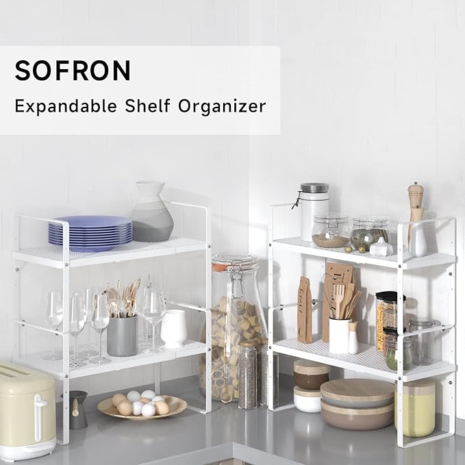 SOFRON Expandable Cabinet Storage Shelf Stackable Organizer Rack for Kitchen Bathroom Pantry Spice Cupboard Coffee Countertop Home Office Desk Heavy Duty Nonslip White Large 2 Packs