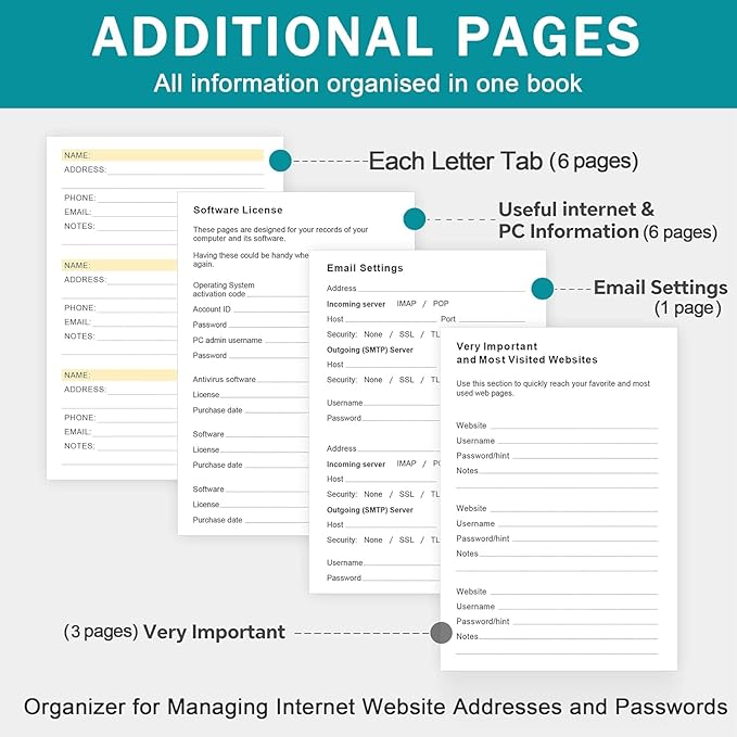 Address Book with Colorful Alphabetical Tabs (8.4" x 5.7") – Hardcover Contact Organizer for Website Passwords, Telephone, Software Licenses, and Important Information – Blue