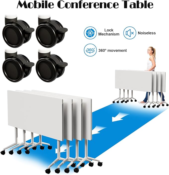 Conference Table Flip Top Mobile Conference Room Tables,Folding Conference Table with Wheels,Large Meeting Training Seminar Table Saving Space for Office Classroom (12, White, 55.1'')