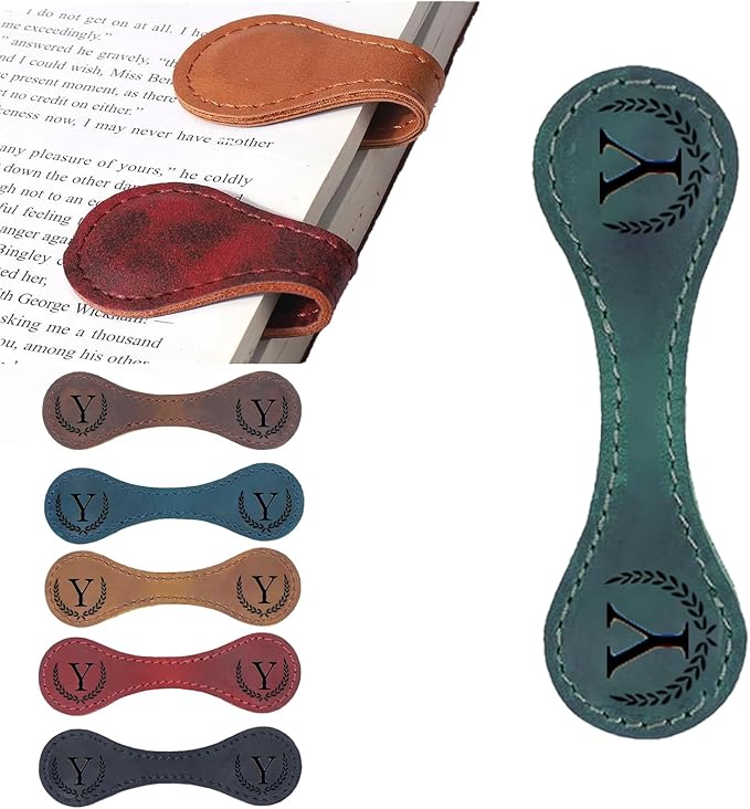 Artlaza Personalized Magnetic Leather Bookmark, 26 Letters Custom Leather Bookmarks, Handmade, Leather Magnetic Bookmark for Book Lovers Readers Women Kid(Green，Y）
