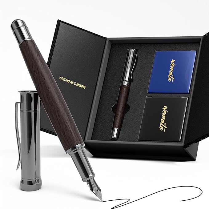 WEMATE Fountain Pen Set, Fine Nib with 20PCS 2.6MM Ink Cartridges(10 Black&10 Blue),1 Ink Converter, Nice Luxury pen for Men, Women, Cool Wooden Fountain Pen for Writing, Journaling, Calligraphy