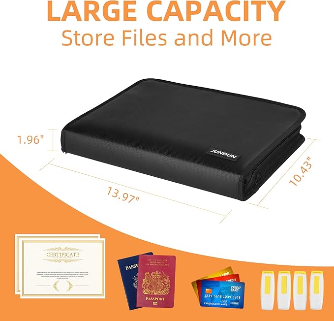 JUNDUN 5200℉ Fireproof Document Organizer, Multi-Pockets Accordion File Organizer with Zipper & Labels, Upgraded Heat Insulated 13 Pockets Expanding File Folder for Letter A4 Files and More