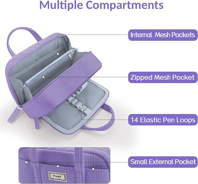Sooez Large Pencil Case Pouch, Extra Big Pencil Bag with 5 Compartments, Pen Bag Wide Opening, Soft Corduroy Pencil Pouch Organizer with Zipper, Cute Aesthetic School Supplies for Teen Girls-Purple