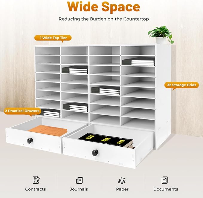 SHIECAMASIC Literature Organizer, 32 Compartments Office Mailbox with 2 Drawers & Adjustable Shelves, Durable Desktop File Sorter for Home, Office and School (White)