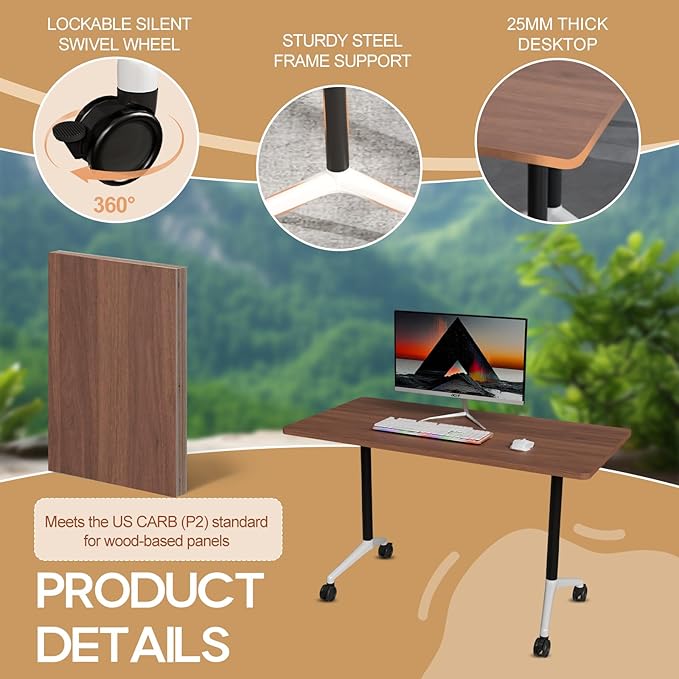 Folding Conference Table 4ft 5ft, Foldable Office Meeting Desk for 6 People, Multiple Sizes Colors Mobile Conference Room Table for Training Room School Business Furniture (2, Walnut, 47in)