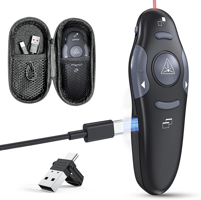 Presentation Clicker with Case Storage: PowerPoint Wireless Presenter Remote USB Type C Rechargeable Red Laser Pointer Clickers for Computer Project Mac PPT Slideshow Google Slide Advancer