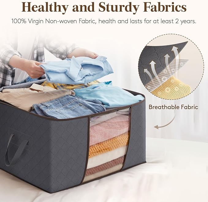 Lifewit Large Capacity Clothes Storage Bag Organizer with Reinforced Handle Thick Fabric for Comforters, Blankets, Bedding, Foldable with Sturdy Zipper, Clear Window, 21 Pack, 90L, Grey