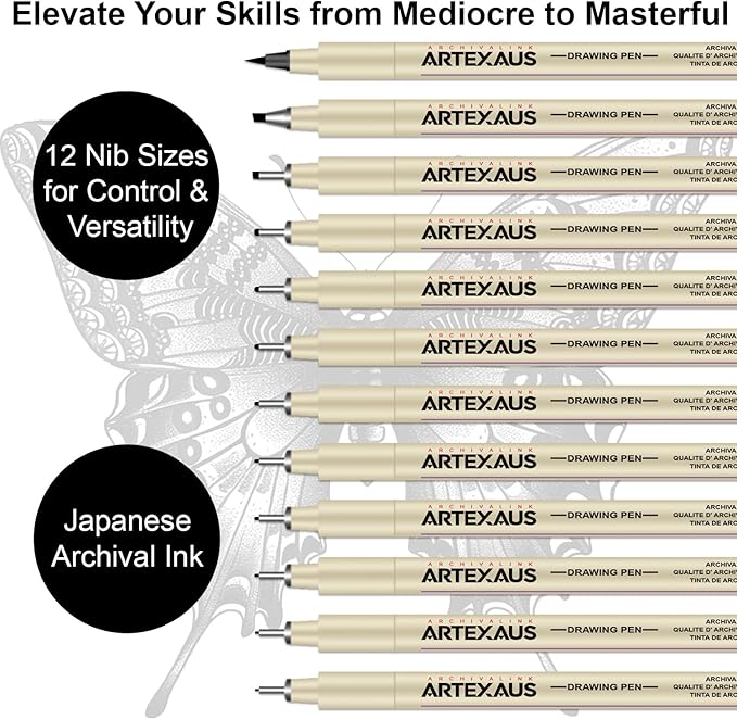 Micro Fineliner Drawing Art Pens, 12 Assorted Sizes, Waterproof Archival Ink, Art Supplies for Adults Sketching, Calligraphy, Technical Illustrators.