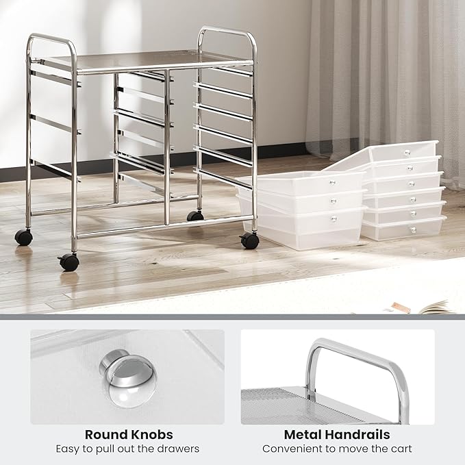GOFLAME 9-Drawer Rolling Storage Cart, Mobile Utility Cart with Removable Drawers & Metal Frame, Art Craft Organizer Cart with Lockable Wheels, Storage Drawer Cart for Home Office, School, Clear