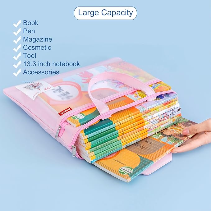 Pendancy Mesh Zipper Pouch 11x13.7 in, 2 pcs Large Double Pocket Waterproof File Bag with Handle, A4 Size Foldable Document Storage for Puzzle Project/Cross Stitch/Travel/Office（Blue Pink）