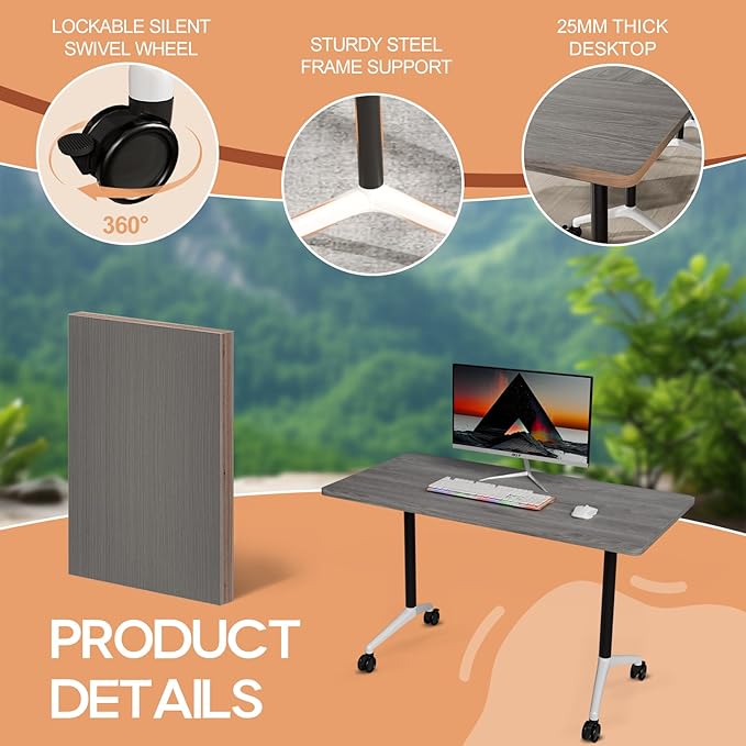 Folding Conference Table 4ft 5ft, Foldable Office Meeting Desk for 6 People, Multiple Sizes Colors Mobile Conference Room Table for Training Room School Business Furniture (4, Grey, 47in)