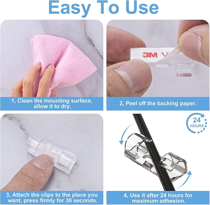 Cable Management Clips Black (Assorted Sizes, 60 PCS), Adhesive Cord Organizer for Wall, Upgraded Wire Holder Electric Wires, LED Light, Dash Cam, HDMI, Power Cable, M&L