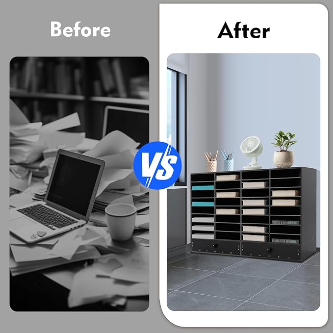 SHIECAMASIC Literature Organizer, 32 Compartments Office Mailbox with 2 Drawers & Adjustable Shelves, Durable Desktop File Sorter for Home, Office and School (Black)