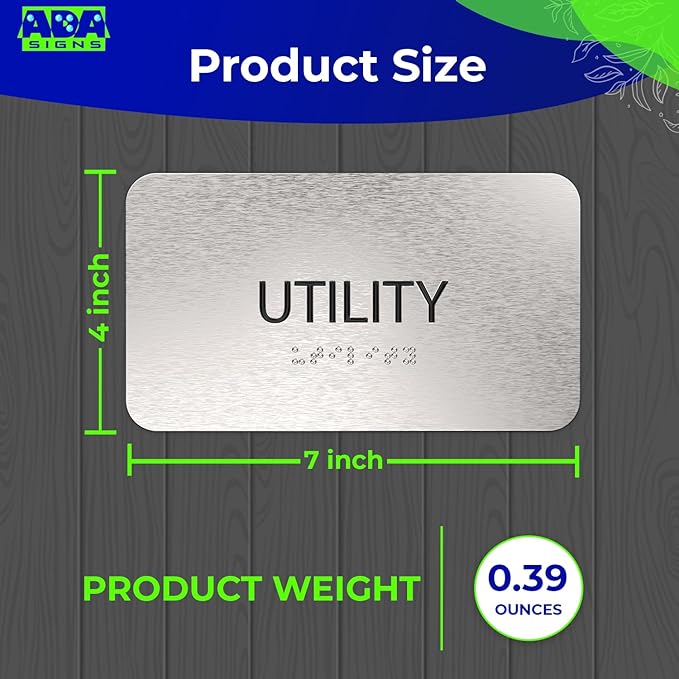 ADASigns Utility Room Sign 7”x4” - Durable Brushed Aluminum with Grade 2 Braille - Easy Installation with Strong Adhesive Tape - ADA Compliant Utility Room Signs for Business, Restaurants & Offices