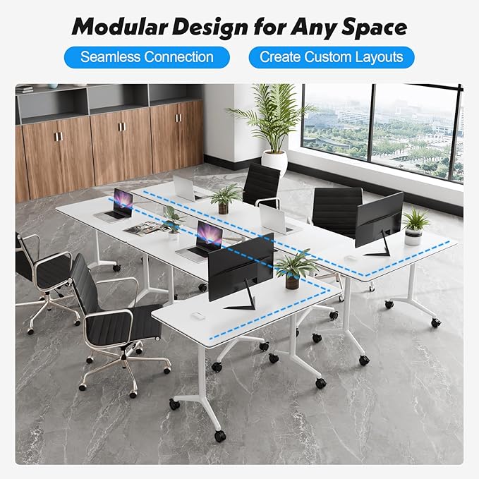 Goakwwuz Conference Room Table, Folding Conference Tables,Thicken Grey Tabletop,Flip Top Wooden Seminar Meeting Room Table for Conference Room Offices (6, White, 70.8”)