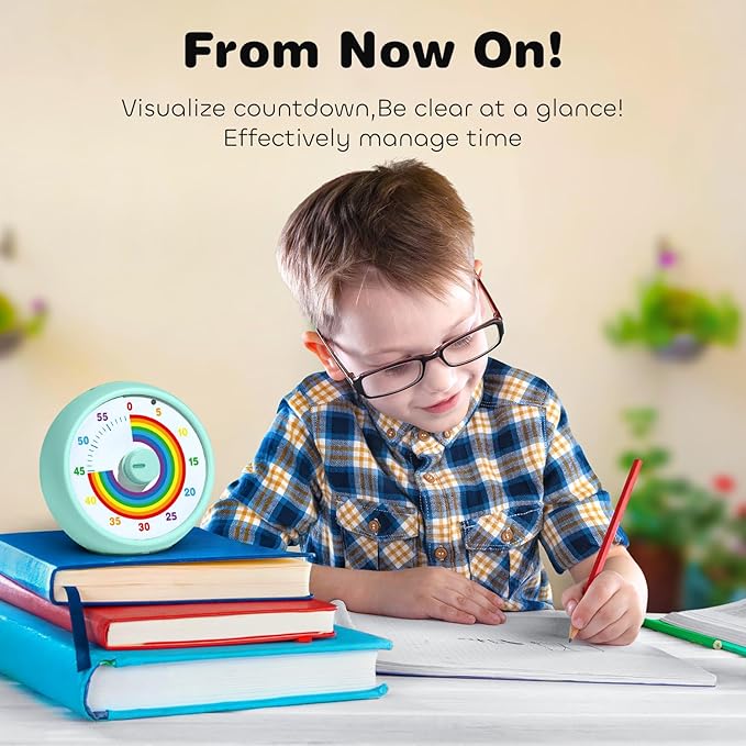 Visual Timer for Kids, 60-Minute Countdown Timer for Classroom Office Kitchen, Desk Timer Kids Time Management Tools with Silent Operation, Pomodoro Time Rainbow Pattern(Tiffany)