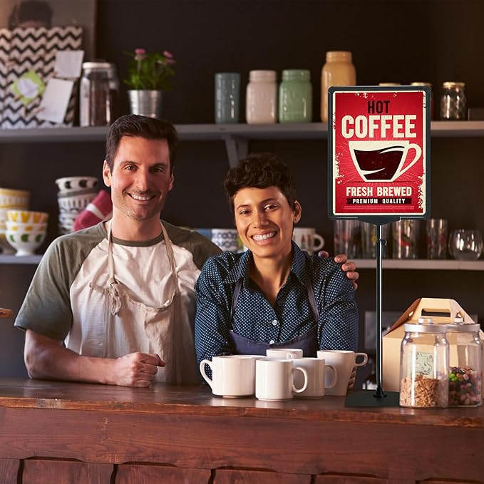 Sign Holder Stand with Adjustable Height Snap Open, Reusable Sign Holder 8.5 x 11 Inch for Display Advertising Business Menu Flyer Signage, Vertical and Horizontal View (Black, 2 Pack)