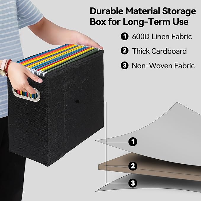 ComfortKeeper 8 Packs Letter Size File Organizer, File Folders Organizer, Fabric Storage Box, Collapsible Paper Organizer with Metal Handle, Smooth PVC Rails, Only Box (Black)
