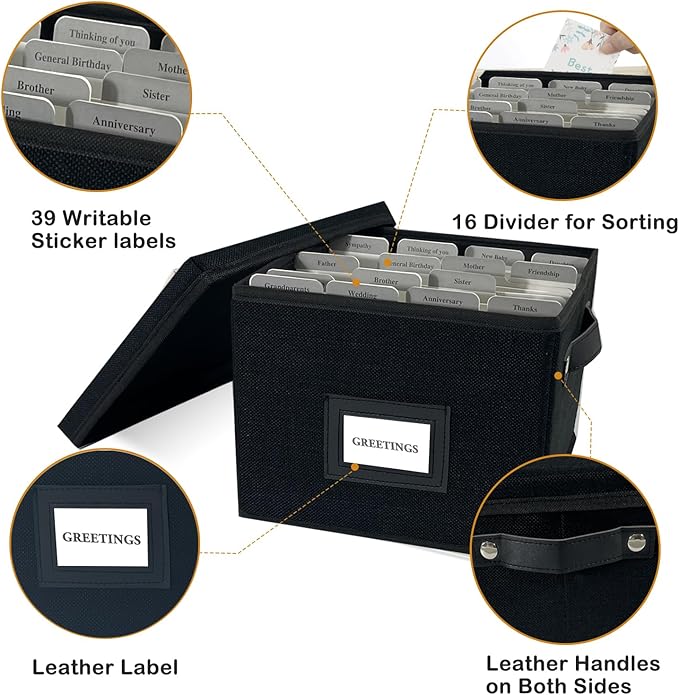 Greeting Card Organizer Box with 16 Dividers,Collapsible Greeting Card Storage Box with Handles Hold 150+ Cards,Greeting Card Holder for Greeting Cards,Sticker, Recipes, Photos, Envelopes