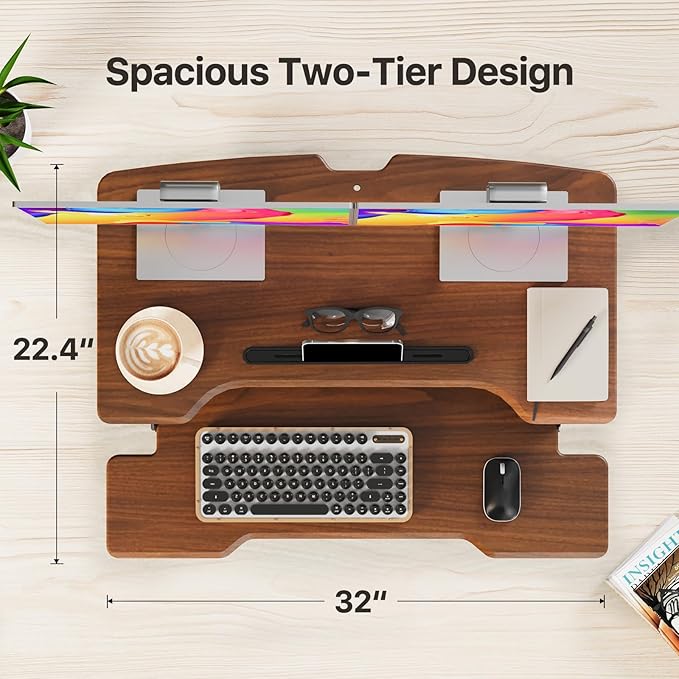 JYLH JOYSEEKER Standing Desk Converter 32 inch, Height Adjustable Sit Stand Desk Riser, Quick Sit to Stand Tabletop Dual Monitor Riser Workstation for Home Office with Keyboard Tray, Dark Wood
