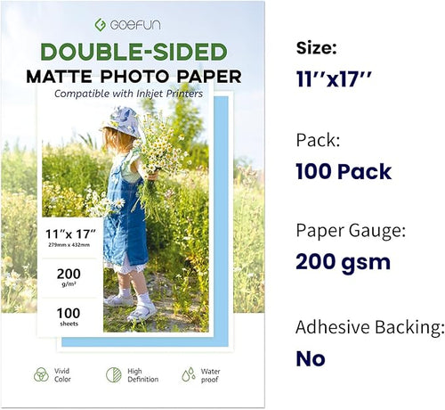 11x17 Double Sided Photo Paper Matte, Goefun 200GSM/54LB Presentation Paper for Inkjet Printer, 100 Sheets